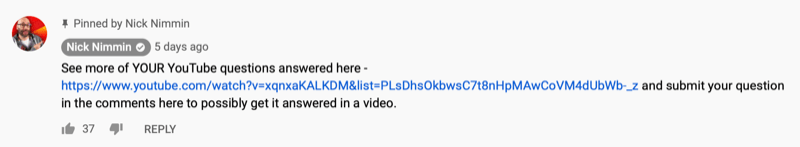 comentário de vídeo do youtube fixado por nick nimmin compartilhando outro vídeo do youtube em que seu público pode estar interessado