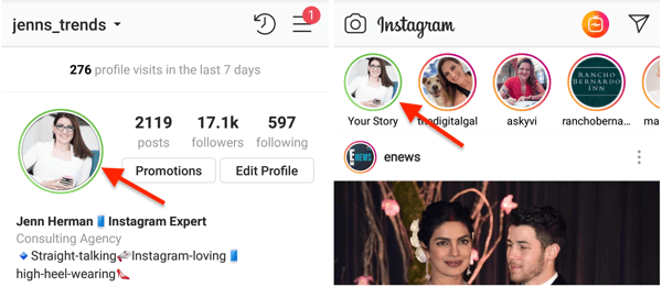 Indicador de círculo verde para sua foto de perfil do Instagram quando você compartilha uma história com sua lista de amigos próximos.