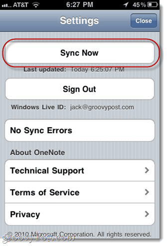 Sincronizar manualmente o iPhone OneNote