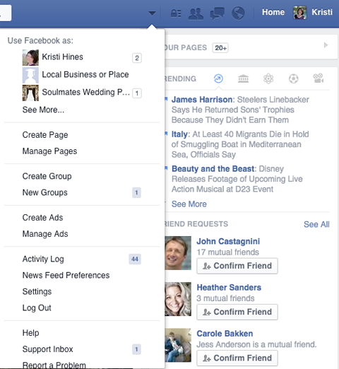 seta do menu de gerenciamento de páginas do facebook