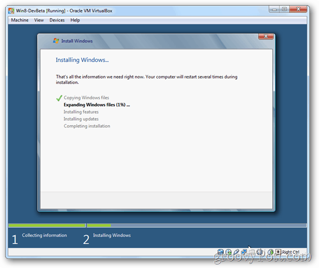 VirtualBox Windows 8 instalando a tela do Windows
