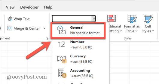 excel formato geral