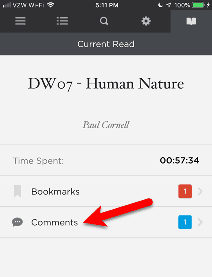 Toque em Comentários no BookFusion para iOS