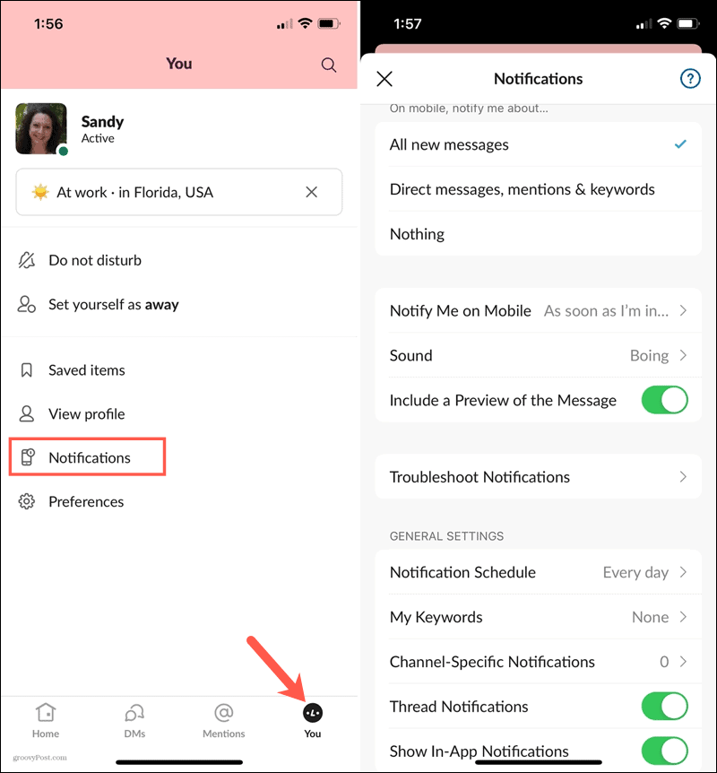 Notificações no Slack no celular