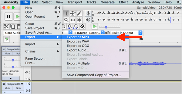Escolha Arquivo> Exportar> Exportar como MP3 para baixar o arquivo de áudio do Audacity.