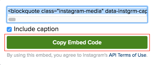 Clique no botão verde para copiar o código de incorporação da postagem do Instagram.