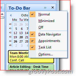 Barra de Tarefas Pendentes do Outlook 2007 - Clique com o botão direito do mouse para escolher opções
