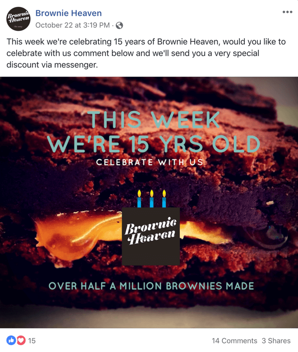 Exemplo de postagem no Facebook com uma oferta da Brownie Heaven.