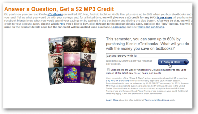 Obtenha um crédito de MP3 da Amazon de US $ 2 para uma publicação no Facebook