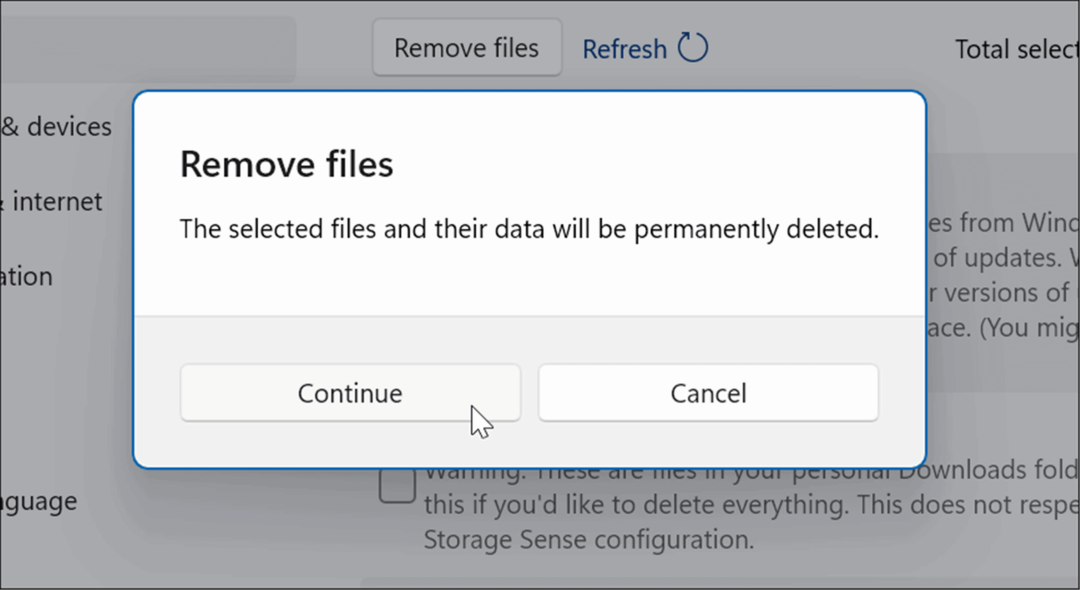 continuar remover arquivos