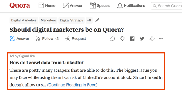 Exemplo de marketing no Quora com um anúncio pago.