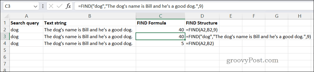 Exemplo de fórmula FIND no Excel