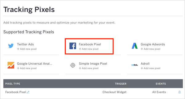 Na Eventbrite, clique em Facebook Pixel e insira o ID do pixel e outros detalhes.
