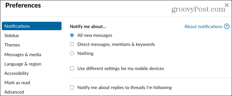 Notificações de preferências no Slack Desktop
