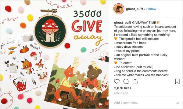 O artista ghost_puff usa um estilo de postagem amigável e identificável que convida à conversa da comunidade no Instagram.