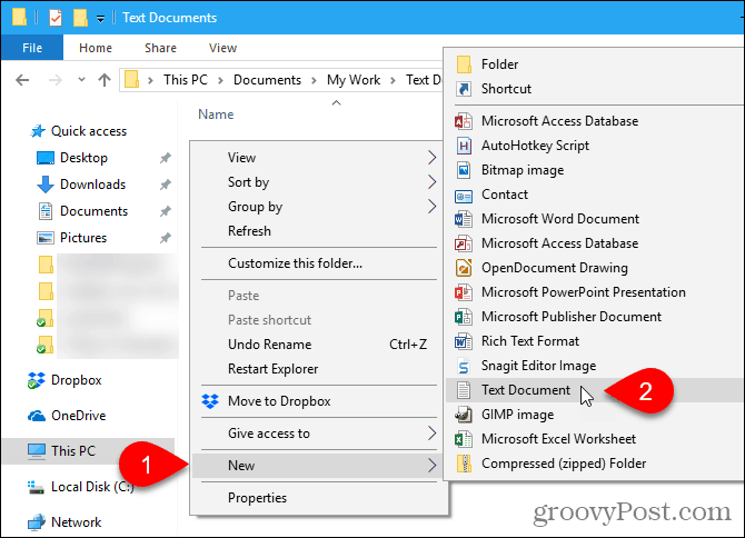 Vá para Novo> Documento de Texto no Windows File Explorer