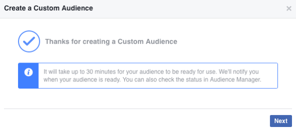 Depois de criar seu novo público personalizado do Facebook, pode levar até 30 minutos para ser preenchido.