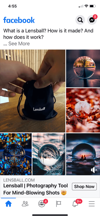 exemplo de colagem de anúncio do Facebook para lensball, mostrando o produto em uma pequena bolsa preta com cordão junto com 5 exemplos de fotos do produto em uso nas fotos