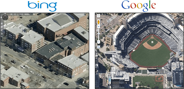 Visão aérea de 45 graus do Google Maps vs. Olho de pássaros de Bing