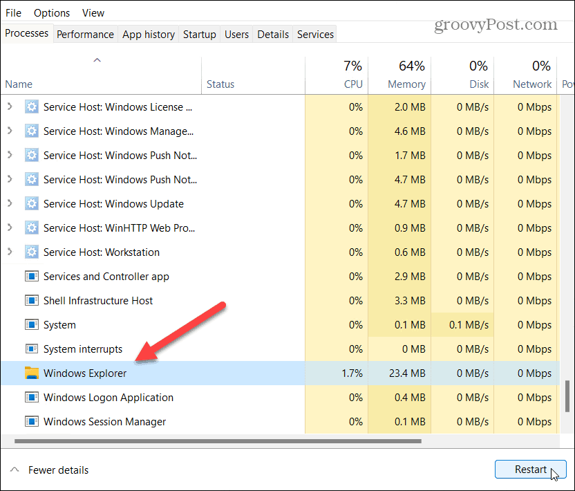 reinicie o gerenciador de tarefas do Windows Explorer