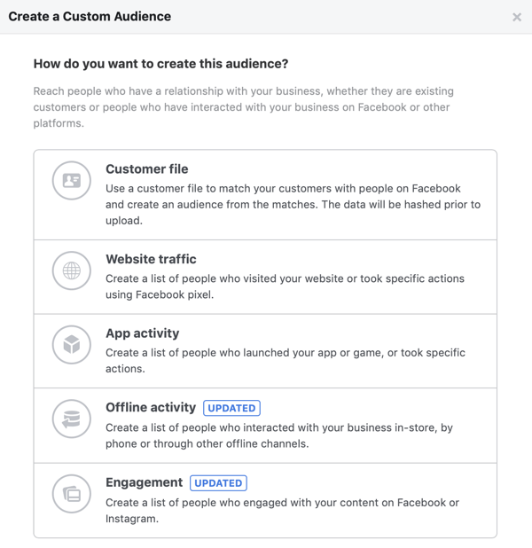 Opções de como você deseja criar este público para o seu público personalizado do Facebook.