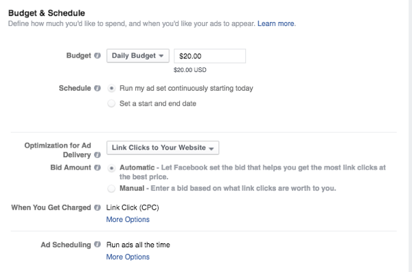 orçamento e programação de anúncios do Facebook