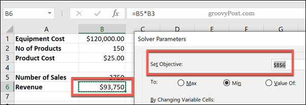 A célula Definir objetivo no Solver for Excel