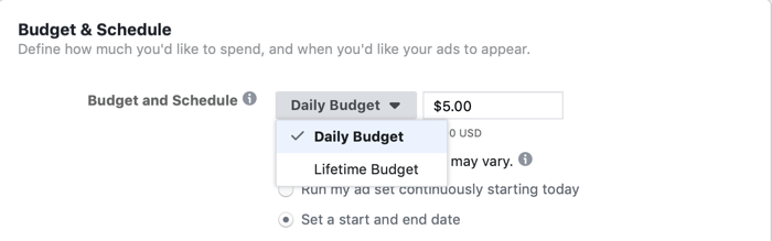 selecionar o orçamento vitalício no nível do conjunto de anúncios para a campanha do Facebook no dia da venda rápida