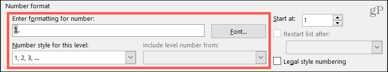 Configurações de formato de número para listas de vários níveis no Word