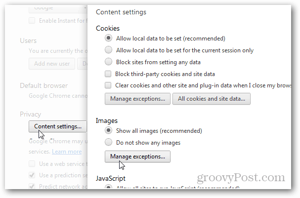 privacidade do chrome> configurações de conteúdo> imagens> gerenciar exceções