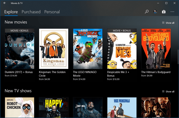 Aplicativo de filmes e TV Windows 10
