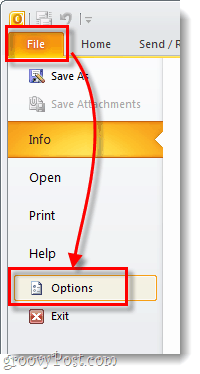 opções de arquivo do Outlook para Office 2010
