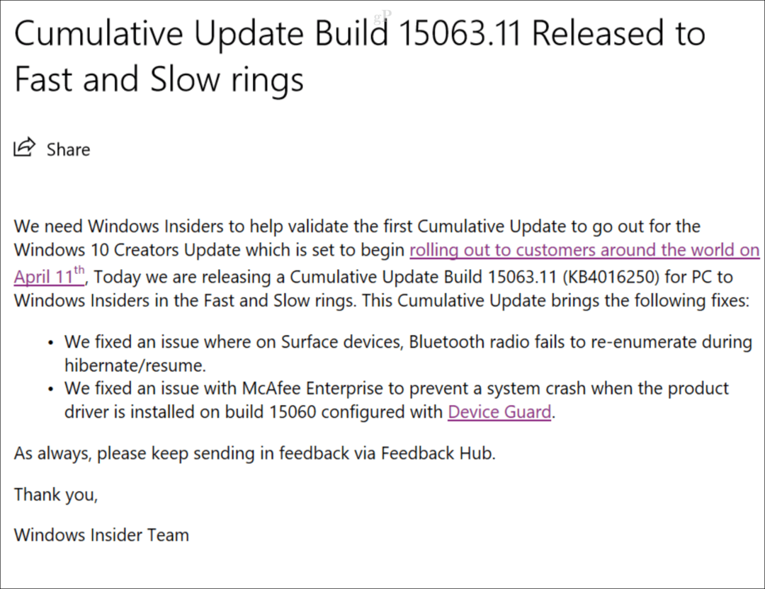 Lançada a primeira atualização cumulativa para a atualização de criadores do Windows 10