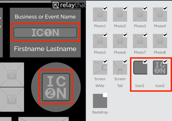 Faça upload do seu logotipo para a miniatura Icon1 ou Icon2 no RelayThat.