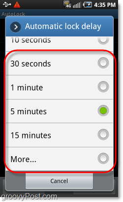 selecione o tempo de bloqueio do padrão android