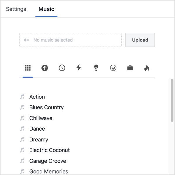 Clique na guia Música e carregue seu próprio áudio ou selecione uma faixa da biblioteca do Facebook.