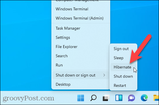 Opção de hibernação disponível no menu Windows + X no Windows 11