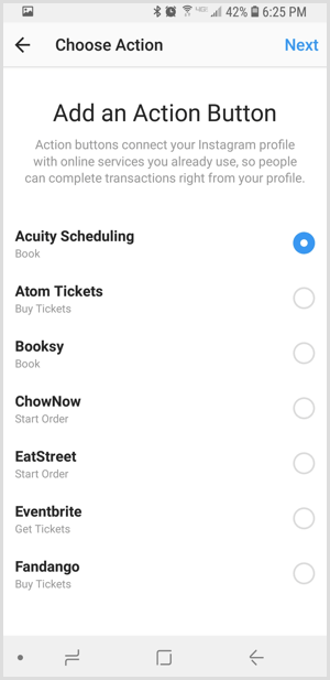 selecione o aplicativo de terceiros na tela Adicionar um botão de ação do Instagram