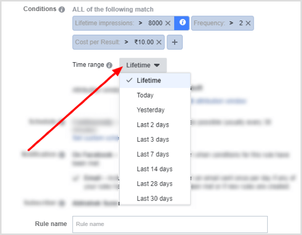 Opções do menu suspenso de intervalo de tempo ao configurar a condição para a regra do Facebook