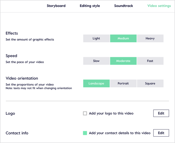 Clique na guia Configurações de vídeo para ajustar as configurações e adicionar o logotipo da sua empresa e informações de contato.