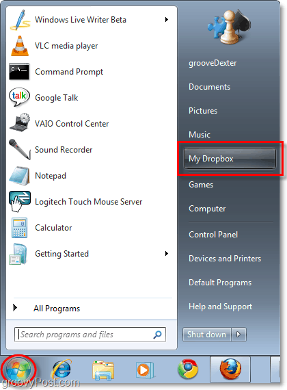 meu dropbox no menu Iniciar do Windows 7