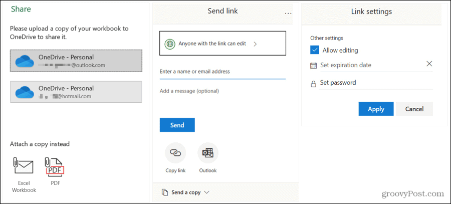 Compartilhar configurações de envio e link do Excel no Windows