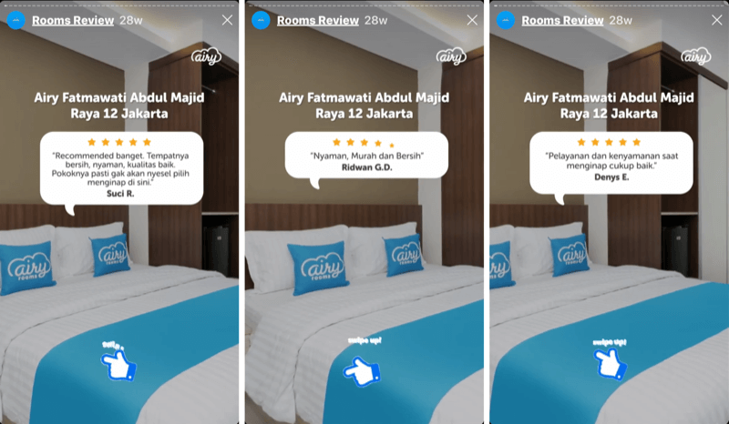 3 segmentos de histórias do Instagram com depoimentos de clientes para a AiryIndonesia