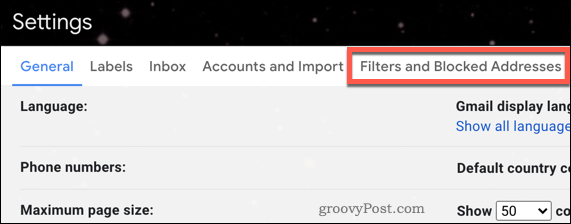 Menu de filtros do Gmail