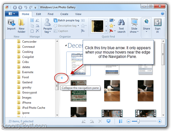 Mostrar / ocultar o painel de navegação na Galeria de Fotos do Windows Live 