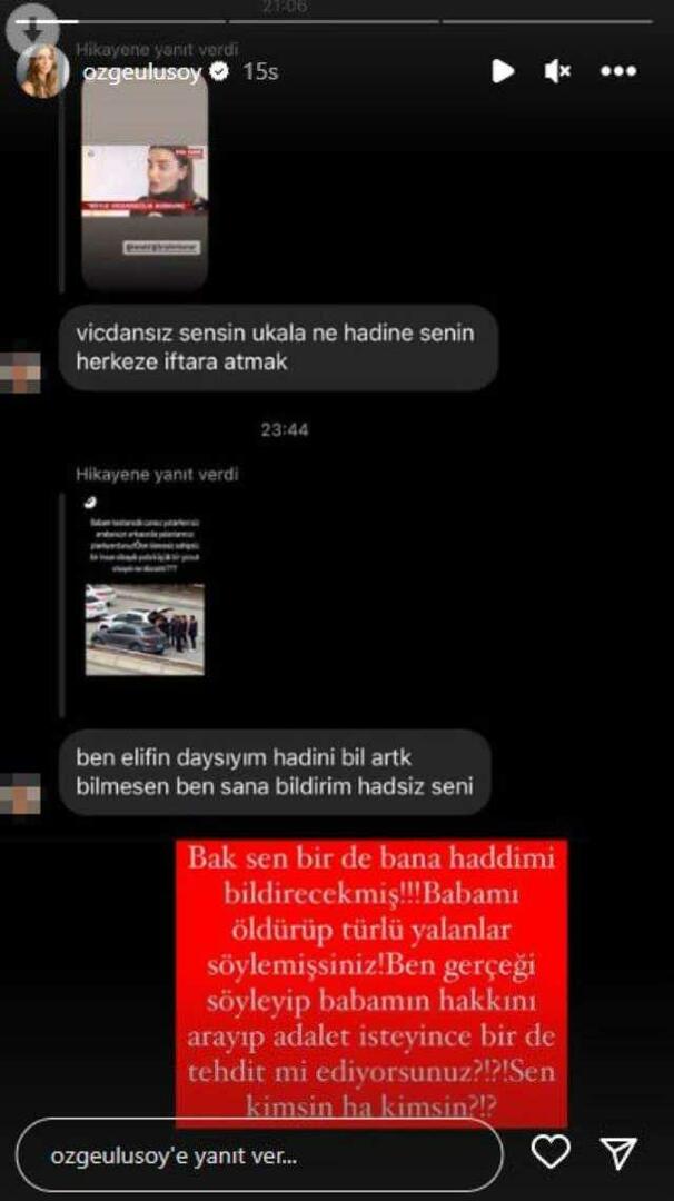 Mensagens ameaçadoras de Özge Ulusoy