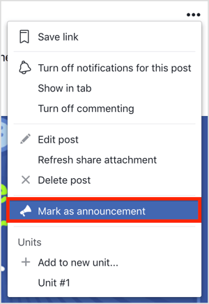 Clique nos três pontos no canto superior direito da postagem do grupo do Facebook e escolha Marcar como anúncio no menu que aparece.