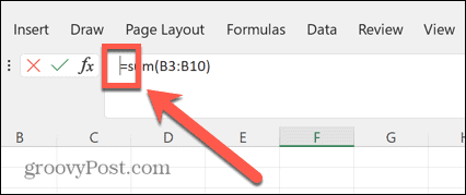 cursor da barra de fórmulas do excel à esquerda de igual