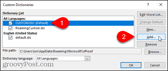 Clique em Adicionar na caixa de diálogo Dicionários personalizados no Word