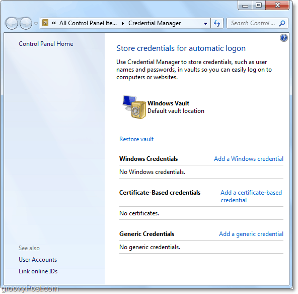 uma visão geral do cofre do gerenciador de credenciais do Windows 7